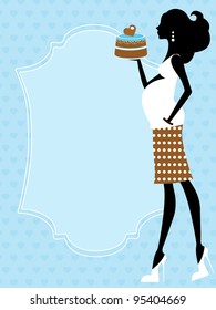Mom to be holding cake