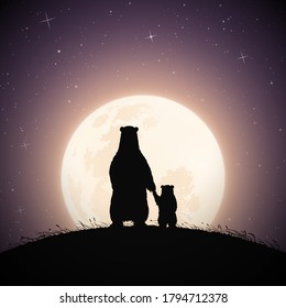 Mom bear and baby holding hands on moonlight night. Animal family silhouette on grassy hill. Full moon in starry sky. Vector illustration for use in polygraphy, textile, design, nursery decor