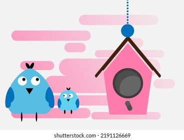 Mom bird with little bird with pink birdhouse.  Cartoon of bird house