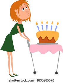 Mom with a birthday cake, illustration, vector on white background