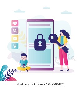 Mom Blocks Inappropriate Content On Social Media. Safe Internet For Kids. Parental Control Concept. Female Character Holds Large Key. Boy Spends Time On Internet. Trendy Flat Vector Illustration