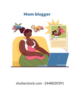 Mom blogger concept. Nurturing mother engages in blogging, sharing heartfelt stories of motherhood with online audience. Homely and intimate insights in social media. Vector illustration