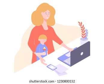 Mom blonde works for a laptop. A baby with a bottle sits on her lap. Remote work, making money by a woman. Cartoom vector illustration.