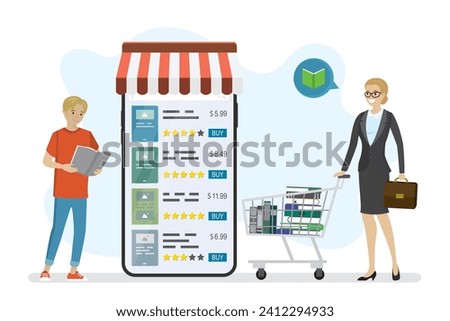 Mom bought textbooks, books from online store. Caucasian son student reads. Education, learning banner. Cartoon smart teenager schoolboy. Technologies for buying literature in online bookstore. Vector