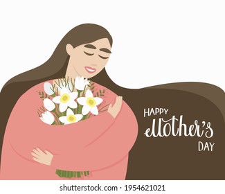 Mom with a bouquet of flowers. The woman was presented with a bouquet for Mother's Day. Lettering happy mother's day. Flat vector illustration.