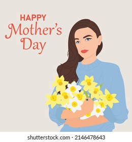 Mom with bouquet of narcissus. Mother's day card.