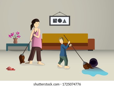 Mom and boy cleaning the floor with mop
