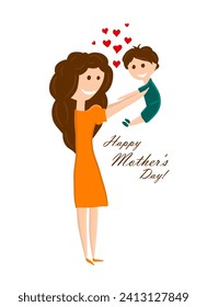 Mom with a boy in her arms. Mothers Day. hand drawing. Not AI, Vector illustration