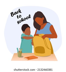 Mom And The Boy Are Packing A Backpack For School, School Preparation, Vector Illustration, Go To School, Back To School