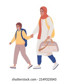 Mom with boy running away from shelling semi flat color vector characters. Crying figures. Full body people on white. Simple cartoon style illustration for web graphic design and animation