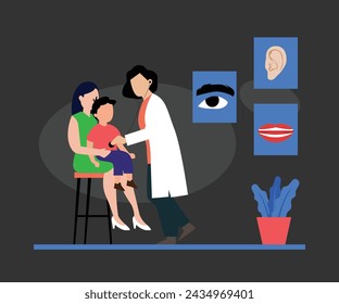 Mamá y niño para ver al médico sentado en el hospital ilustración vectorial plana