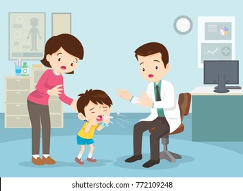 Mom And Boy To See Doctor Sitting At The Table In Hospital, Infirmary, Clinic.healthcare Concept.Character Professional Physician On Workplace Illustration.Mother And Her Son With Doctor.