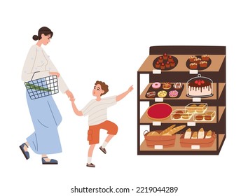 Mamá y niño en la vitrina con bollería. Los dulces favoritos para los niños se venden. Una mujer con un niño elige la repostería en los estantes. Ilustración vectorial de la gente comprando en una panadería.