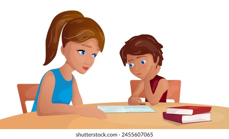 Mom and boy are sitting at the table and doing their homework. Training concept. Vector image.