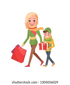Mom and boy with wrapped gift boxes and packages with presents. Cartoon style female and male, customers isolated. Mother and son do shopping together