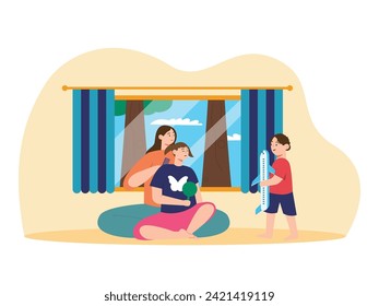 Mom is braiding sister's hair in the living room, with little brother playing with airplanes. Character design. Vector flat illustration