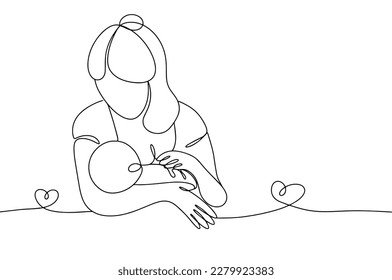 Mom is breastfeeding the baby. Breast-feeding. Mothers Day. One line. Vector illustration