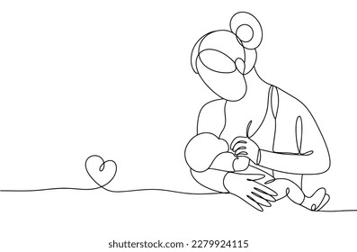 Mom is breastfeeding the baby. Breast-feeding. Mothers Day. One line. Vector illustration