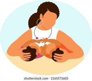 Mom breastfeeds two twins at the same time. Pose for feeding kids. Motherhood, two newborn children.  Support with breastfeeding. Vector illustration