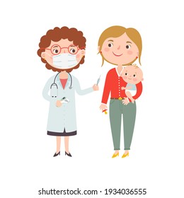 Mom brought a baby for vaccination. Medical immunization, child health care. Vector illustration isolated on a white background. 