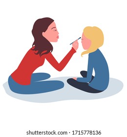 
Mom brunette does makeup to her daughter. Cartoon illustration. Vector.