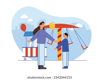 Mom buys her son balloons at the amusement park during the fun festival, buys tickets and rides in the funfair together. Character design. Vector flat illustration