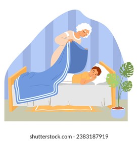 Mom caring for sleeping kid in bed vector illustration. Mother covering son with blanket feeling love and adoration. Loving family relationship and parenting concept