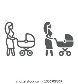Mom with carriage line and glyph icon, care and child, woman with pram sign, vector graphics, a linear pattern on a white background, eps 10.