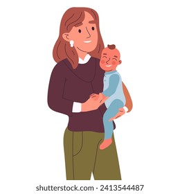 Mom carrying baby. Loving mother and little kid, toddler in mother hands. Parenting concept flat vector illustration