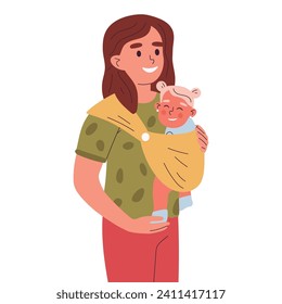 Mom carrying baby in sling. Young mother with baby, cute baby girl in mother's hands flat vector illustration. Female parent with toddler in sling