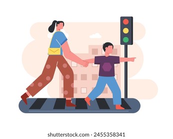 Mom carrying a bag and her son are holding hands to cross at the traffic light. Character design. Vector flat illustration