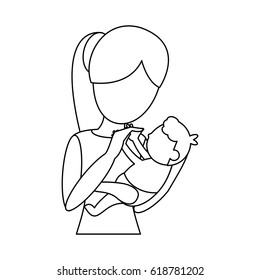 mom carrying little baby outline