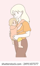 Mom carrying toddler in baby sling carrier. Albino mother and adopted child. Modern mother holding baby in sling, going outdoor. Hand drawn flat cartoon character vector illustration.