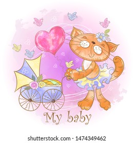 Mom cat with a baby in a stroller. My baby. Baby shower. Vector. Watercolor.