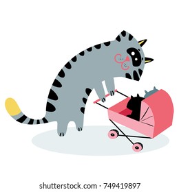 Mom cat with kittens in a stroller. Cat cute character. Vector illustration