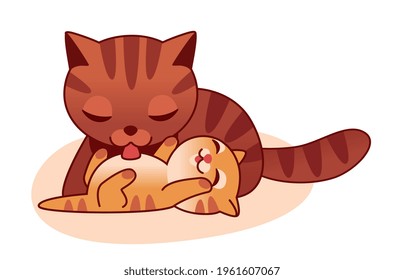 Mom cat licks with your tongue her baby's tummy, kitten is happy
