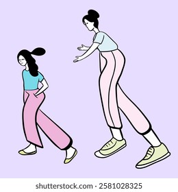Mom catches up with her daughter. To create covers, posters, and web assets. Vector multicolored illustration.
