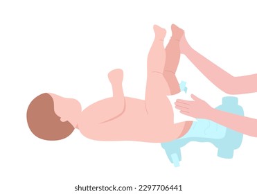 Mom changing a baby diaper in flat design on white background.