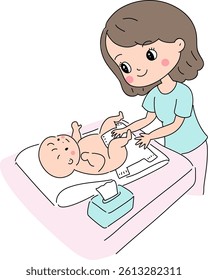 Mom is changing diaper for little baby hand drawn cartoon 