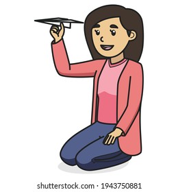 Mom Character Holding Paper Plane While Sitting on Floor. Children Book Illustration. Vector illustration.
