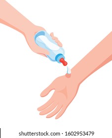 Mom checking baby milk bottle heat temperature in arm, hand holding bottle cartoon flat illustration editable vector