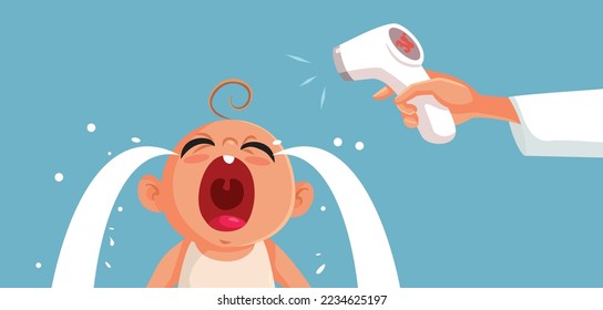 
Mamá chequeando la temperatura en su pequeña y llorosa ilustración del vector del bebé. Niños infelices que padecen enfermedades víricas frías con fiebre alta 
