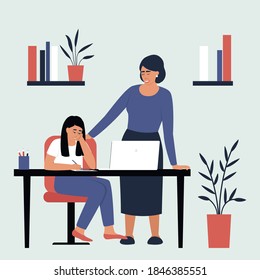 Mom checks her daughter's homework. Online study, education. Homeschooling with a tutor or online teacher. Family indoors. Distance learning. Vector flat illustration.