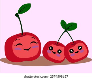 
Mom cherry and cherry baby twins. Vector drawing in cartoon style