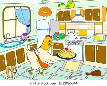 Mom chicken in the kitchen prepares food for the family color book for children cartoon vector illustration.