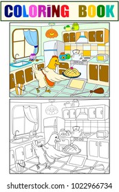 Mom chicken in the kitchen prepares food for the family color book for children cartoon vector illustration. Coloring, black and white