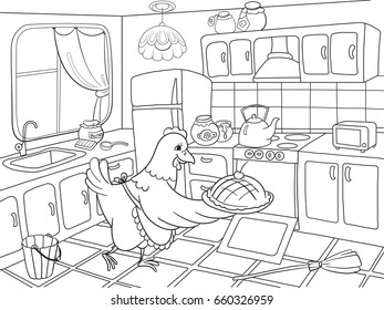 Mom Chicken In The Kitchen Prepares Food For The Family Coloring Book For Children Cartoon Vector Illustration. Black And White