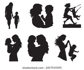 Mom and child Black Silhouettes Vector illustration. Happy Mother's Day concept