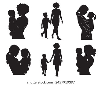 Mom and child Black Silhouettes Vector illustration. Happy Mother's Day concept