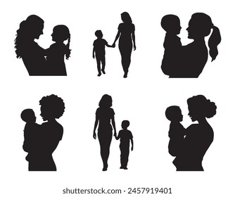 Mom and child Black Silhouettes Vector illustration. Happy Mother's Day concept